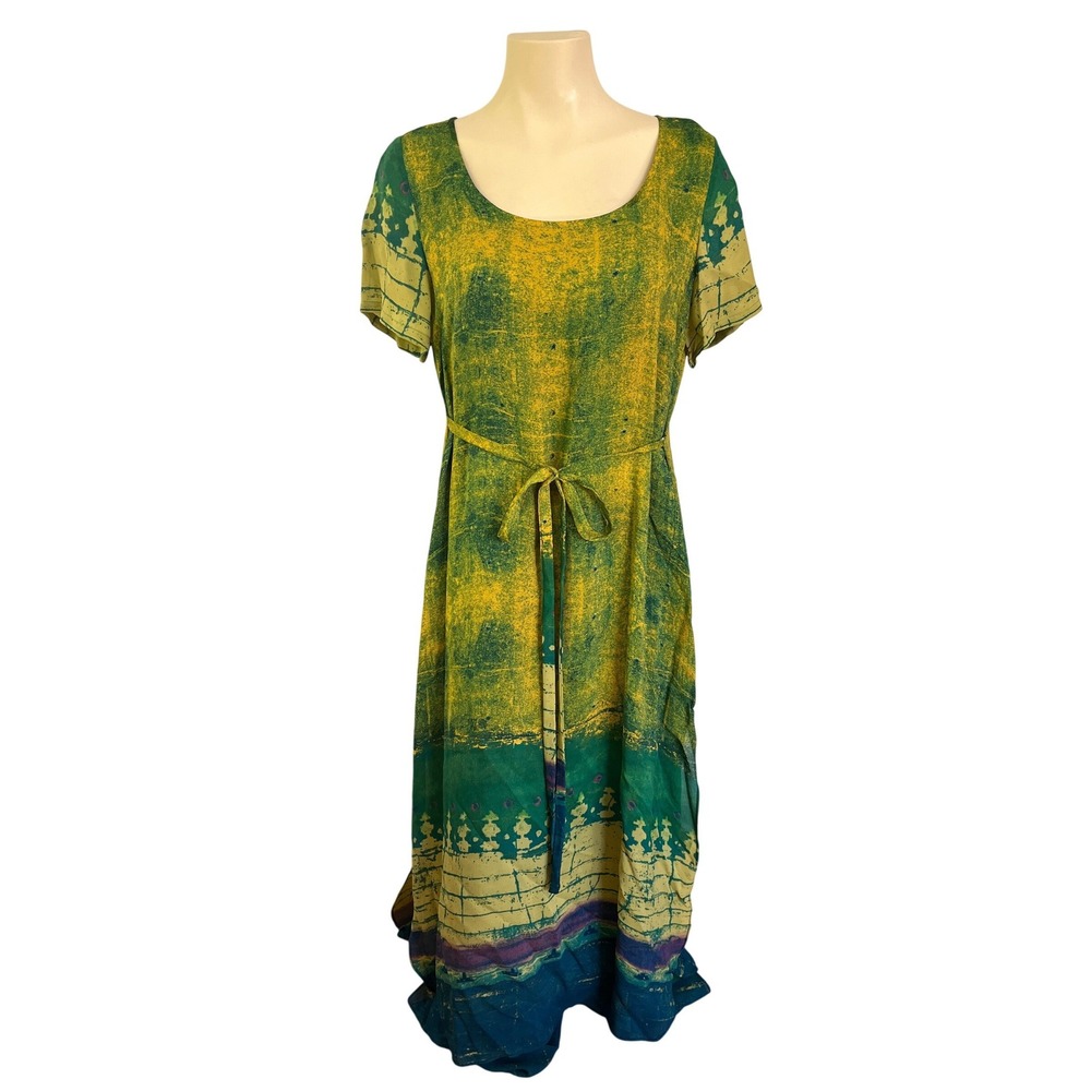 Vintage Didier Parakian Green Yellow Batik Print Short Sleeve Maxi Dress L